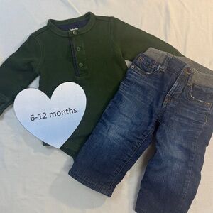 GAP - Green Long Sleeve waffle knit Onesie top and Blue Jeans Set